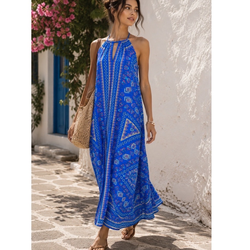 Flying tomatoBlue Tribal‎ Print Halter Maxi Dress Sz S bohemian mod